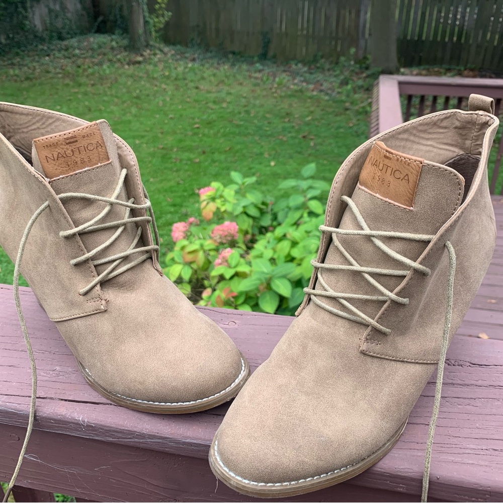 Nautica Women's Taupe Lace-Up Suede Ankle Booties